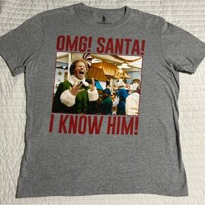 Elf OMG! SANTA! I KNOW HIM! T-Shirt Large Short Sleeve Holiday Graphic Gray